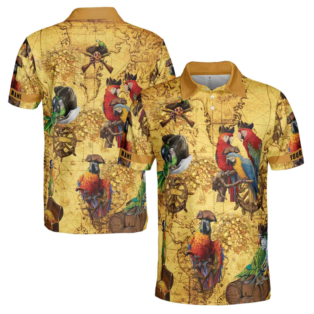 Customize Name Colorful Pirate Parrots, Vintage Treasure Maps Men's Polo Shirts S-5XL