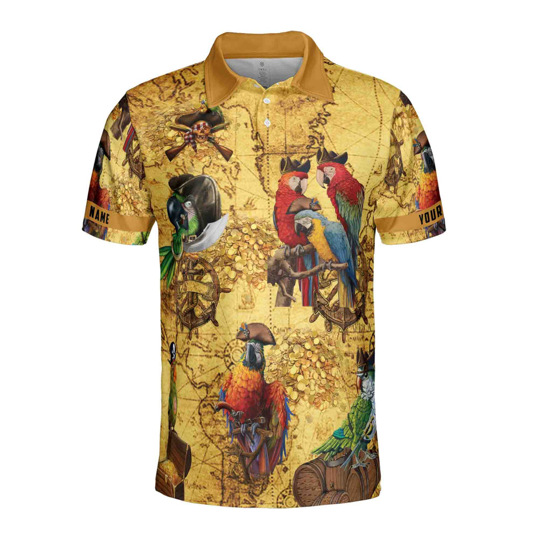 Customize Name Colorful Pirate Parrots, Vintage Treasure Maps Men's Polo Shirts S-5XL