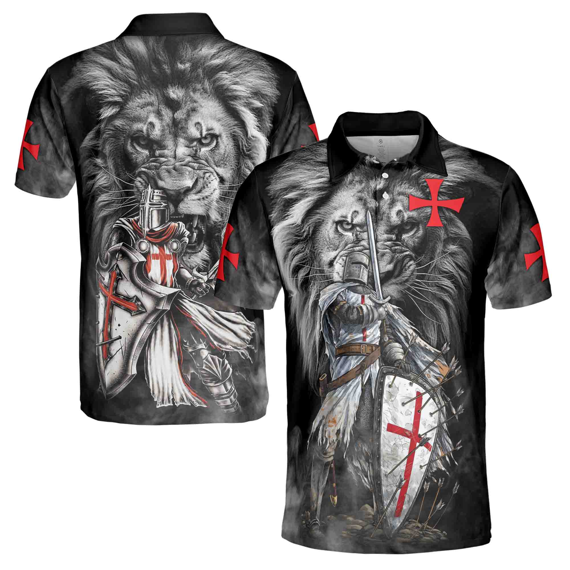 August Lion Behind Knight Templar Grunge Men's Polo Shirt S-5XL