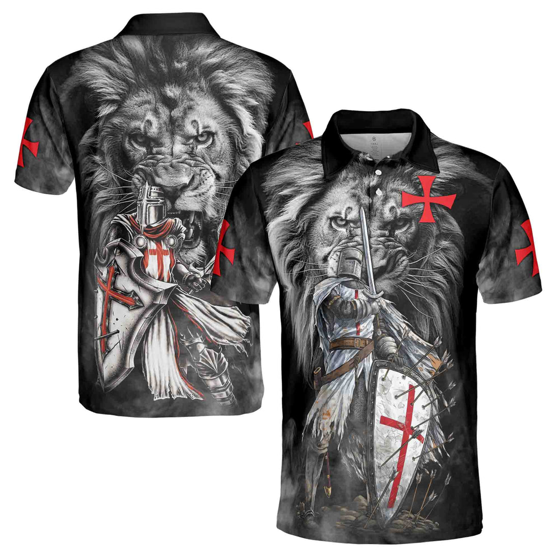 August Lion Behind Knight Templar Grunge Men's Polo Shirt S-5XL