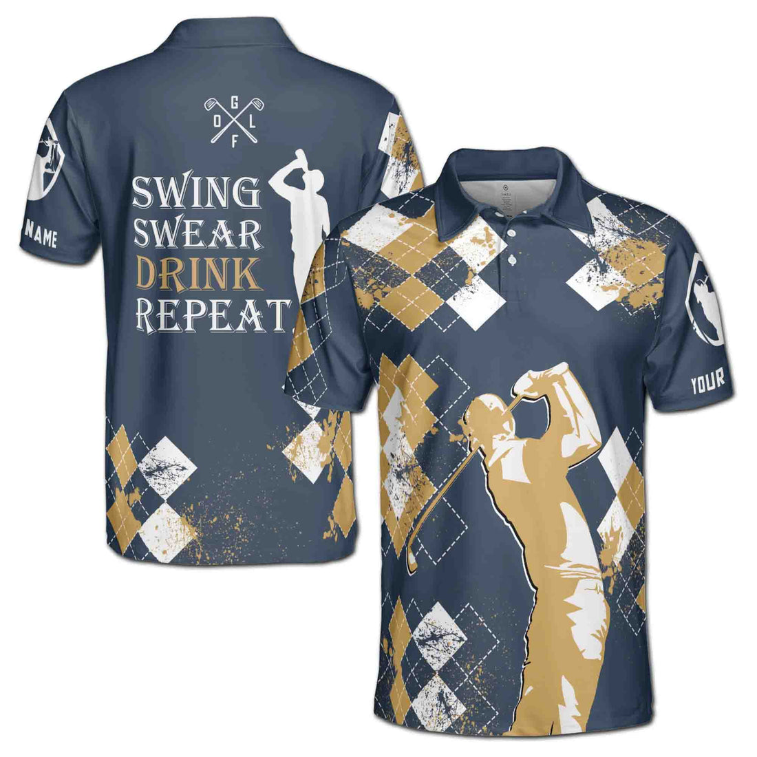 Personalized Swing Swear Drink Repeat Funny Golf Men 3D All Over Print Men's Polo Shirts S-5XL