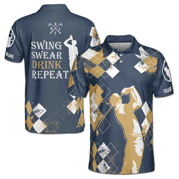 Personalized Swing Swear Drink Repeat Funny Golf Men 3D All Over Print Men's Polo Shirts S-5XL