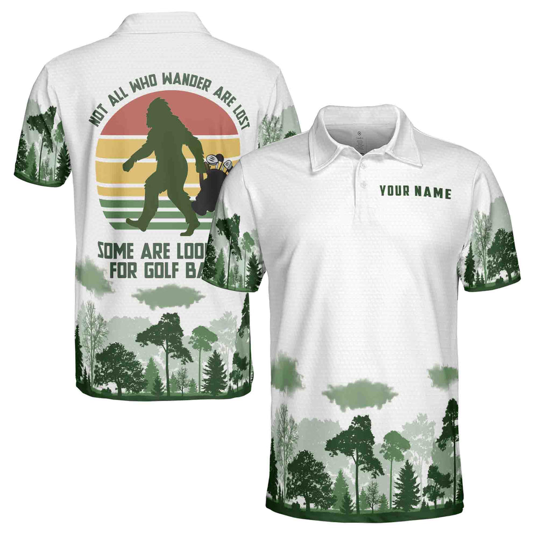 Custom Name Big Foot Sasquatch Looking For Golf Balls 3D Men's Polo Shirt S-5XL