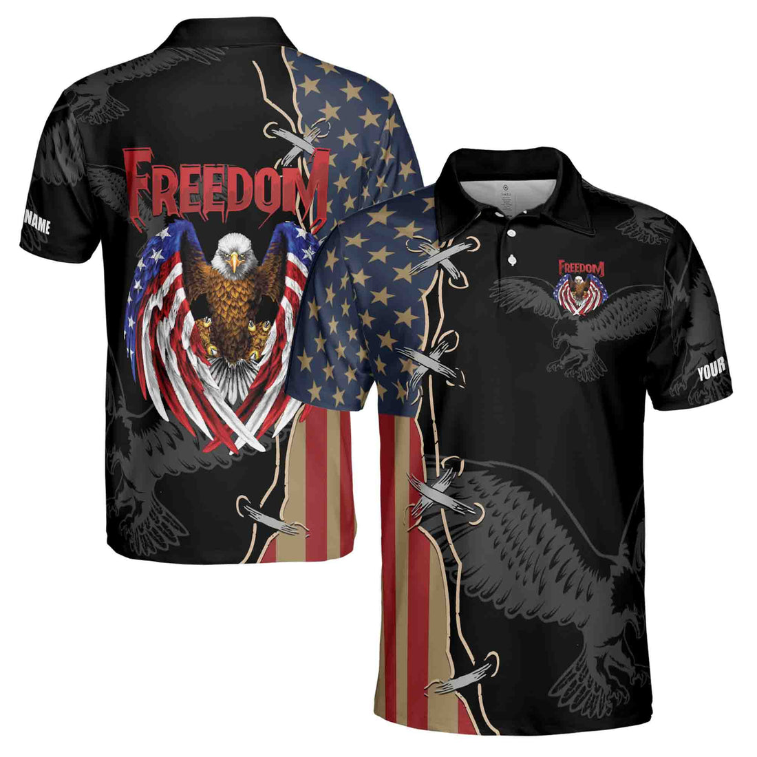 Custom Name Freedom Eagle Vintage American Flag 4th Of July Independence 3D Men's Polo Shirt Size S-5XL