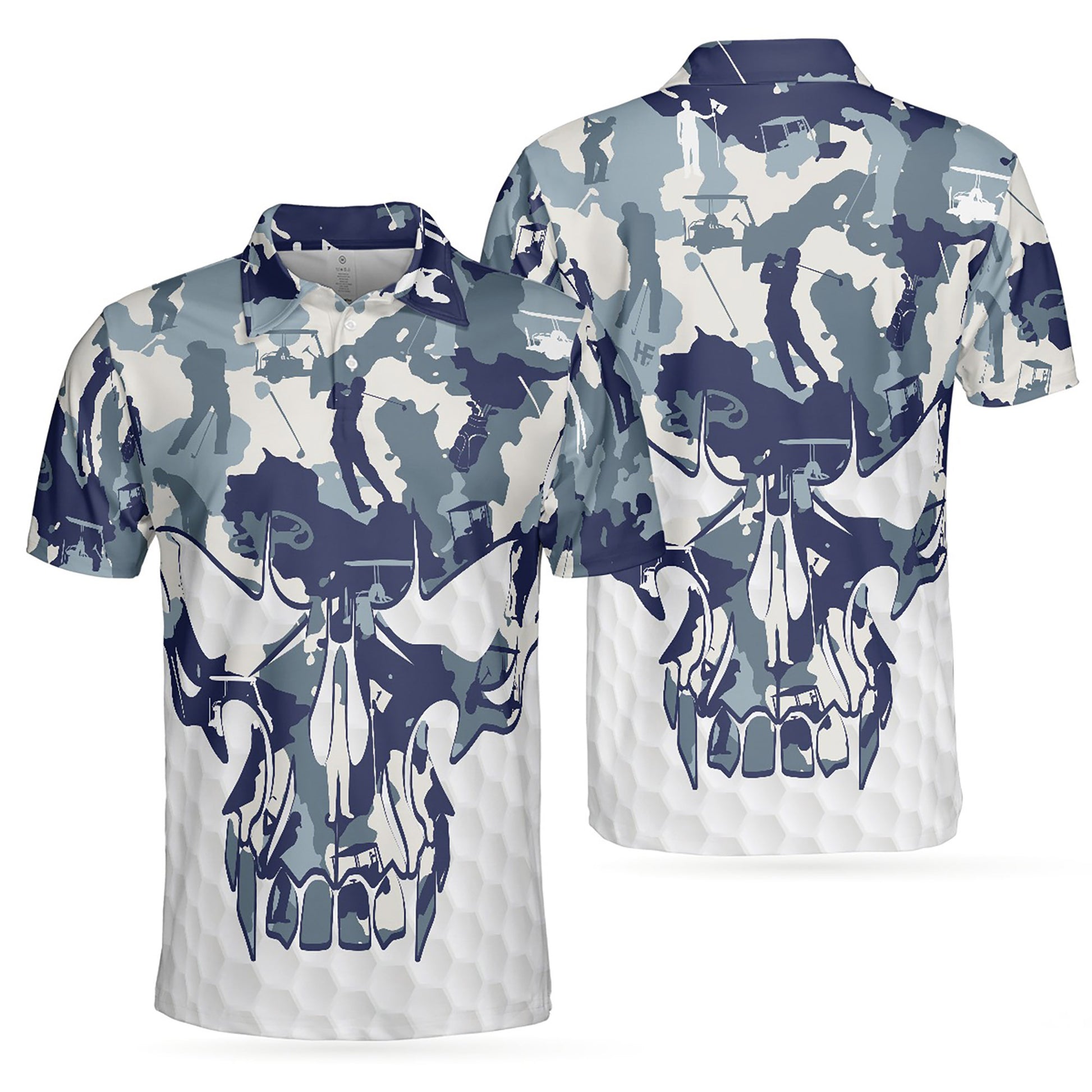 Blue And White Camouflage Golf Skull Golf, Best Camo Golf Men's Polo Shirt S-5XL