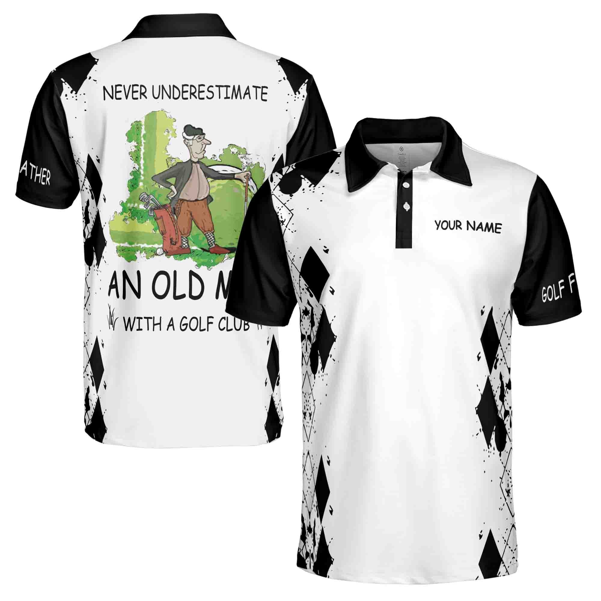Custom Name Never Underestimate An Old Man With A Golf 3D Men's Polo Shirt S-5XL