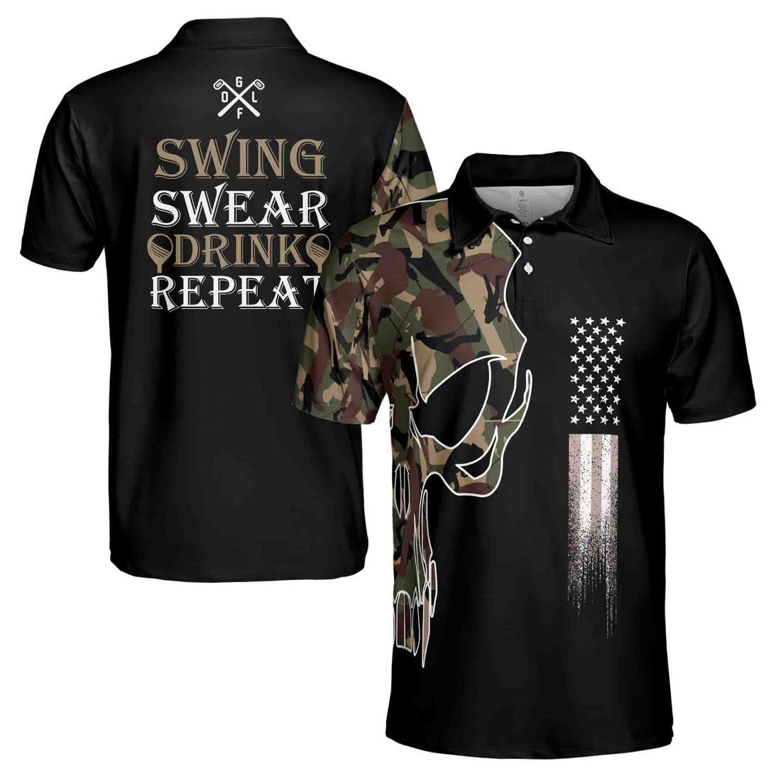 Funny Golf Skull Camo Swing Swear Drink Repeat Golf Team Men's Polo Shirts S-5XL