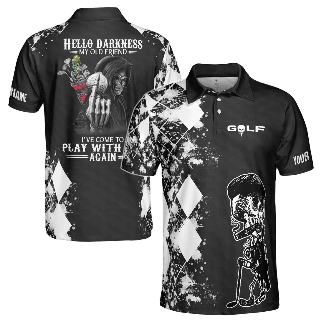 Customize Name Skull Golf Hello Darkness I've Come To You Men's Polo Shirts S-5XL