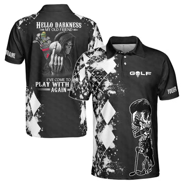 Customize Name Skull Golf Hello Darkness I've Come To You Men's Polo Shirts S-5XL