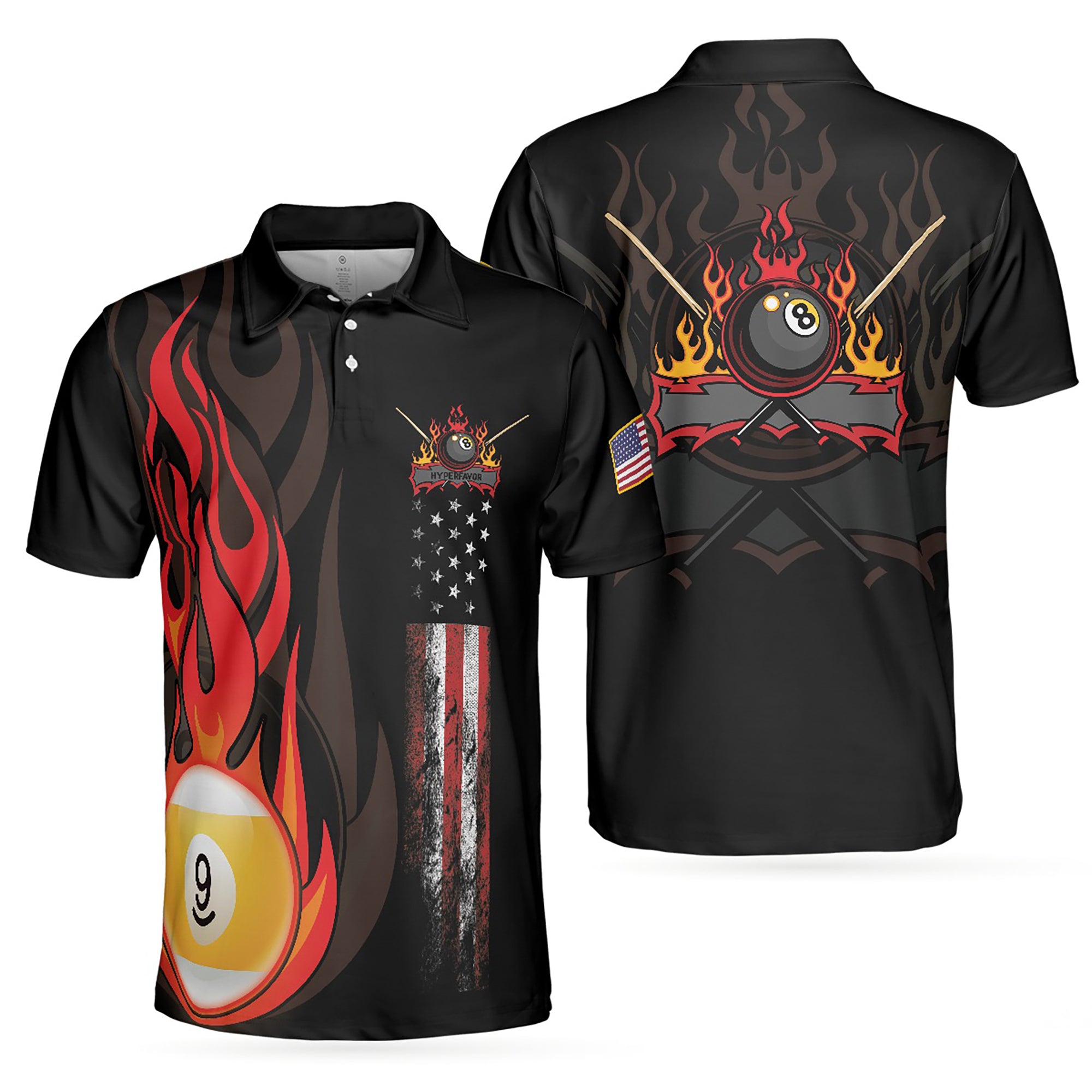 Flame 9 Ball Billiards Pool, American Flag Billiards Men's Polo Shirt S-5XL