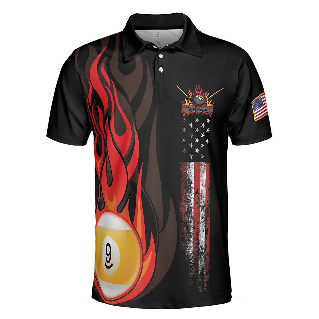 Flame 9 Ball Billiards Pool, American Flag Billiards Men's Polo Shirt S-5XL