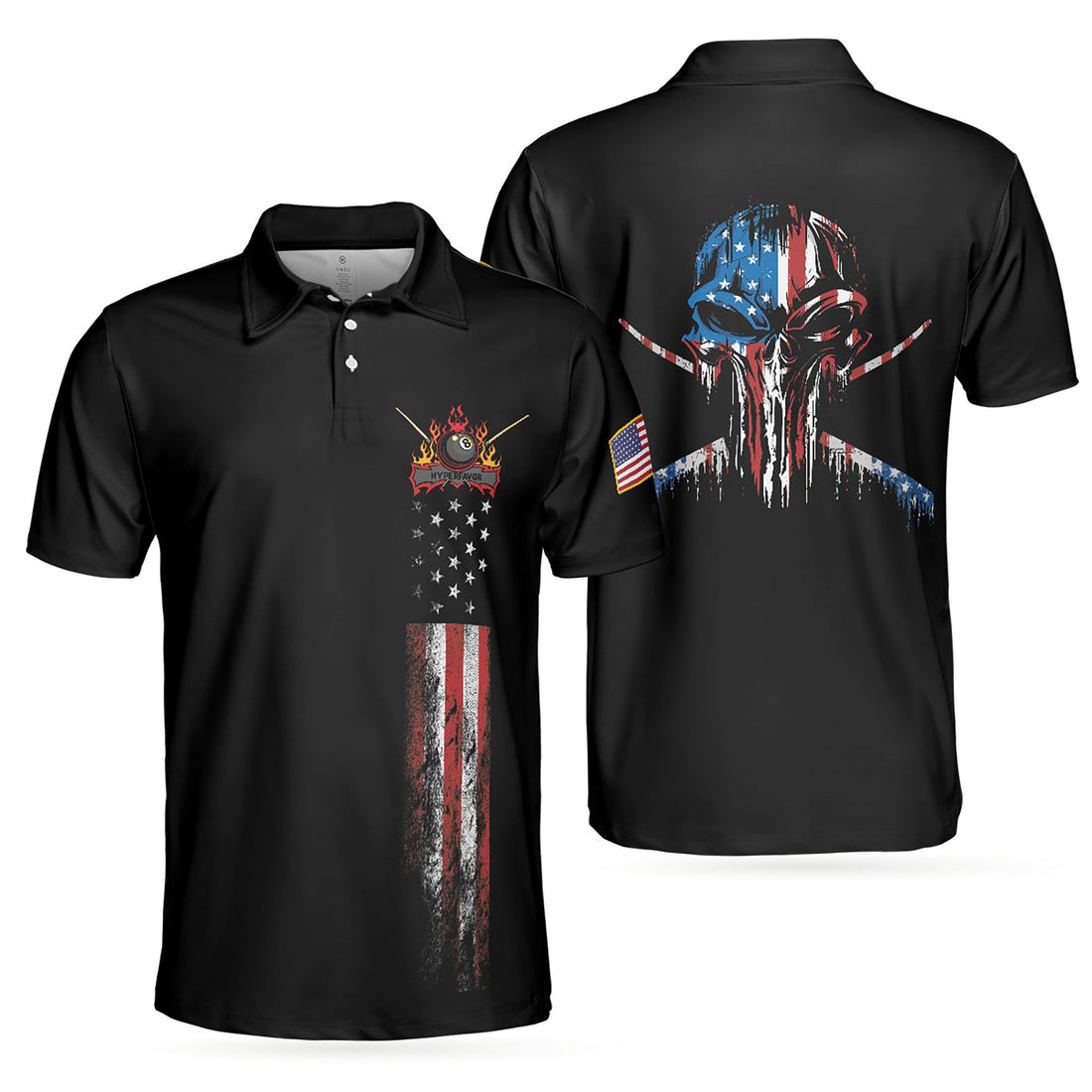 Dark Theme 8-ball Wet Paint Skull American Flag BilliardsMen's Polo Shirt S-5XL