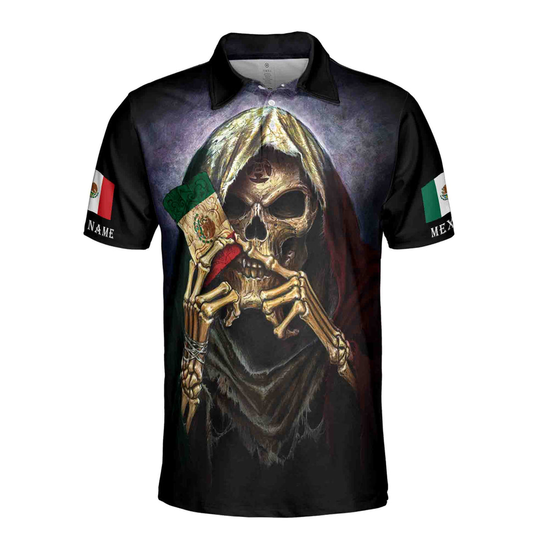 Custom Mexican Name Patriotic Skull Skeleton Men's Polo Shirt S-5XL