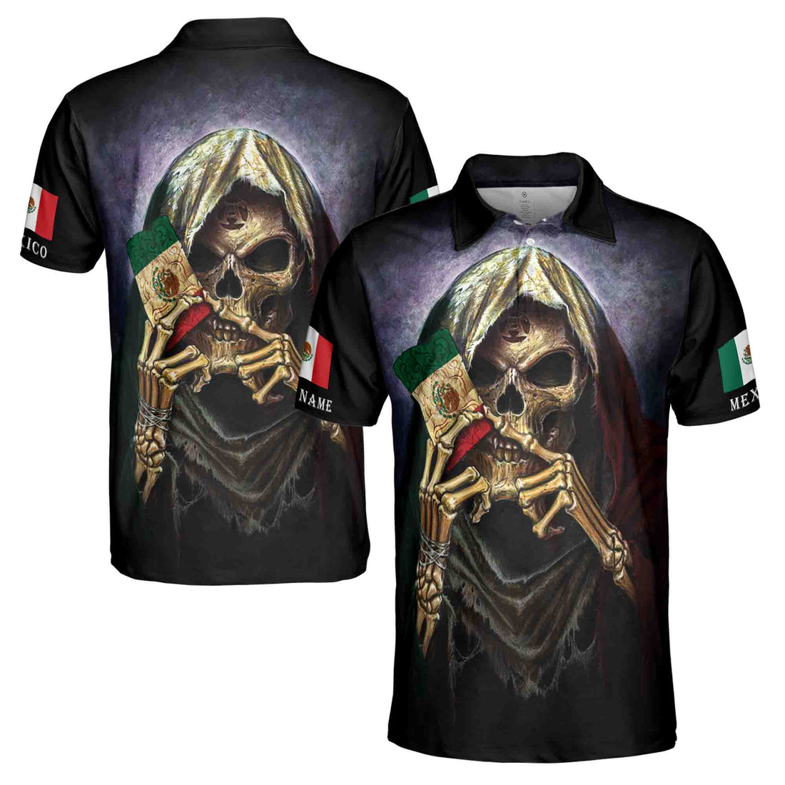 Custom Mexican Name Patriotic Skull Skeleton Men's Polo Shirt S-5XL