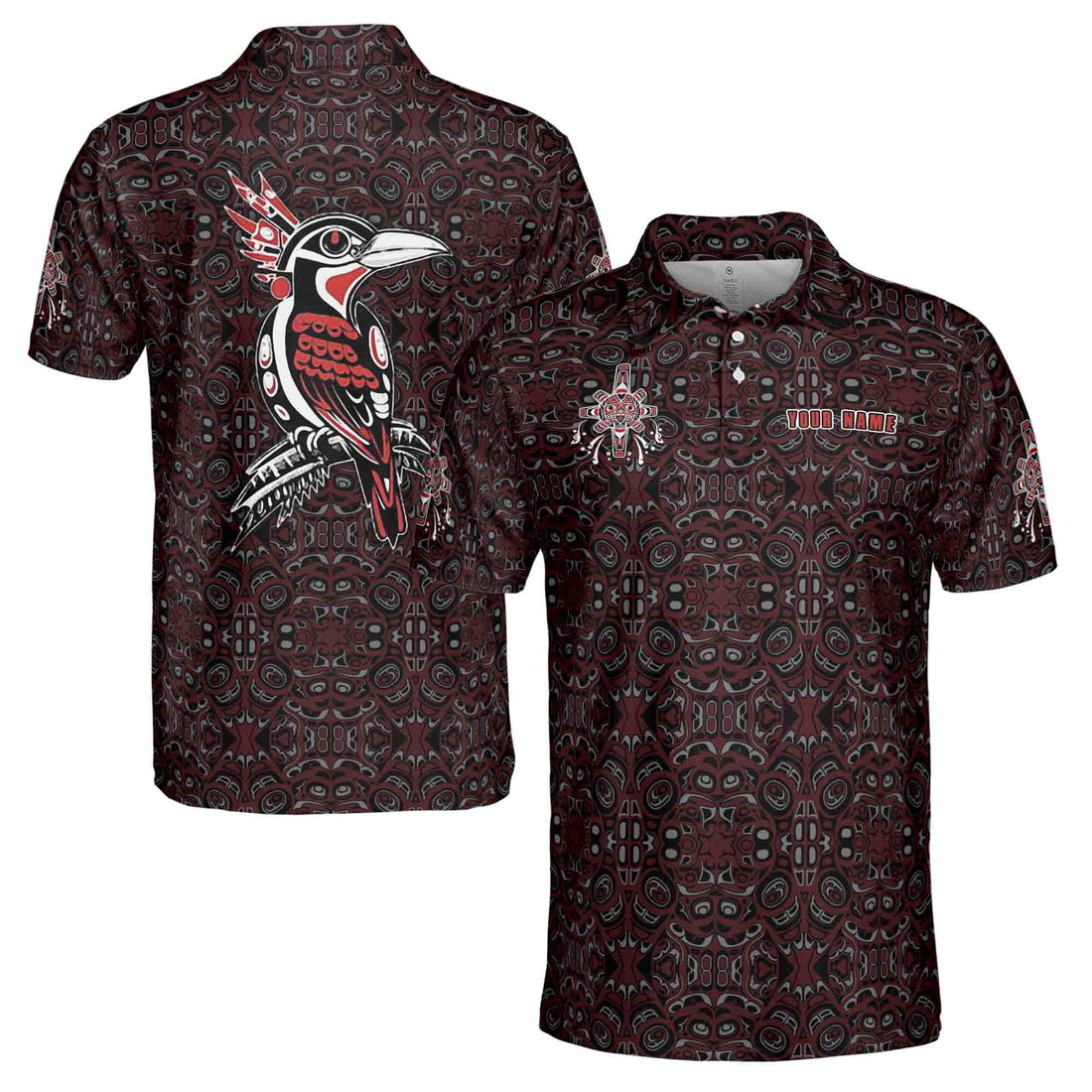 Customize Name Woodpecker American Native Tribal Pattern Men's Polo Shirts S-5XL