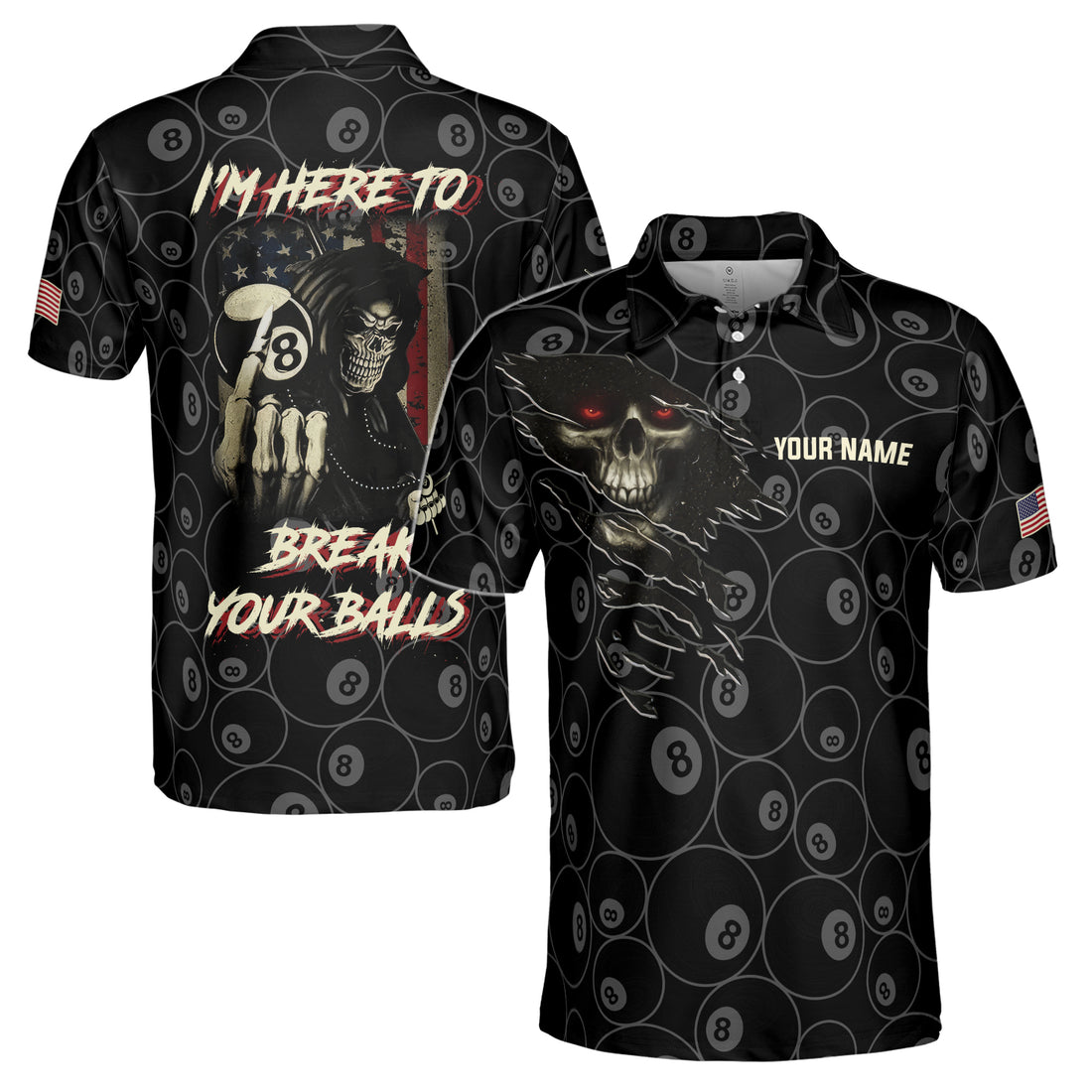 Customize Name Skull Pool I'm Here to Break Your Balls Men's Polo Shirt S-5XL