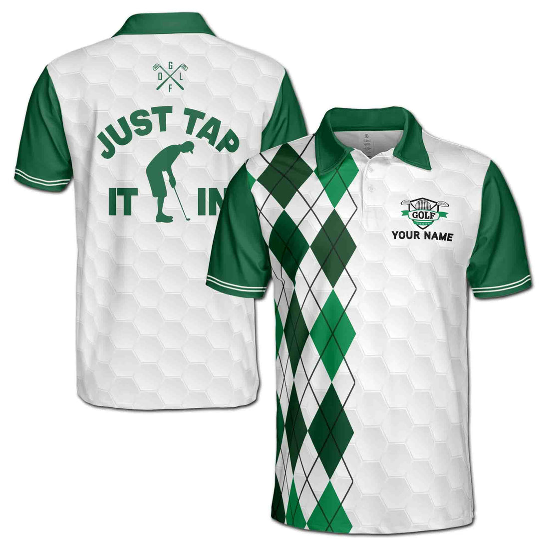 Custom Name Just Tap It In Crazy Golf Argyle Pattern Men's Polo Shirt S-5XL