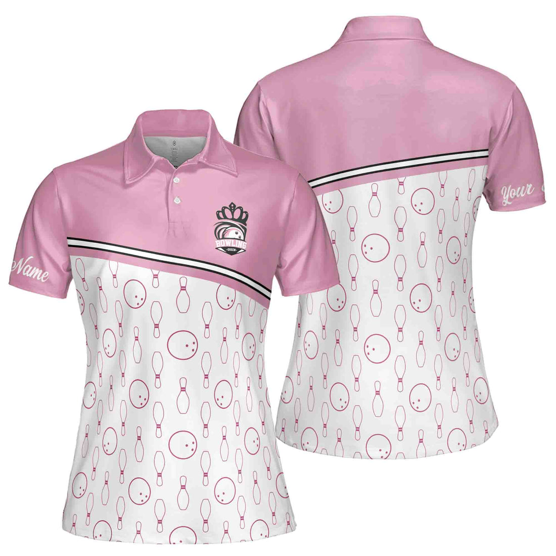 Customize Name Bowling Pins Pink Women's Polo Shirt S-5XL