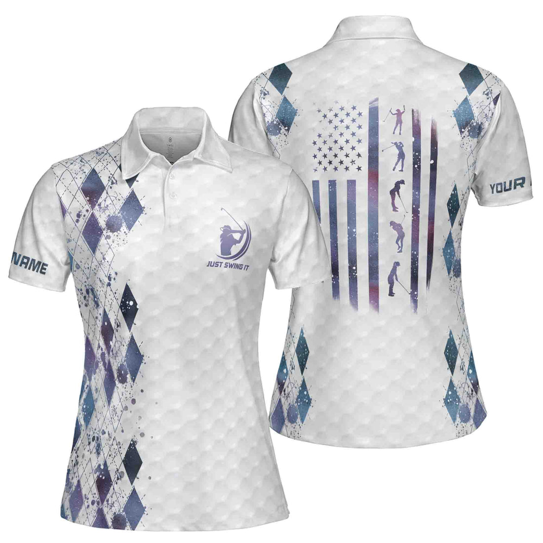 Blue Galaxy Just Swing It American Flag Patriotic Golf Custom Name Women's Polo Shirt S-5XL