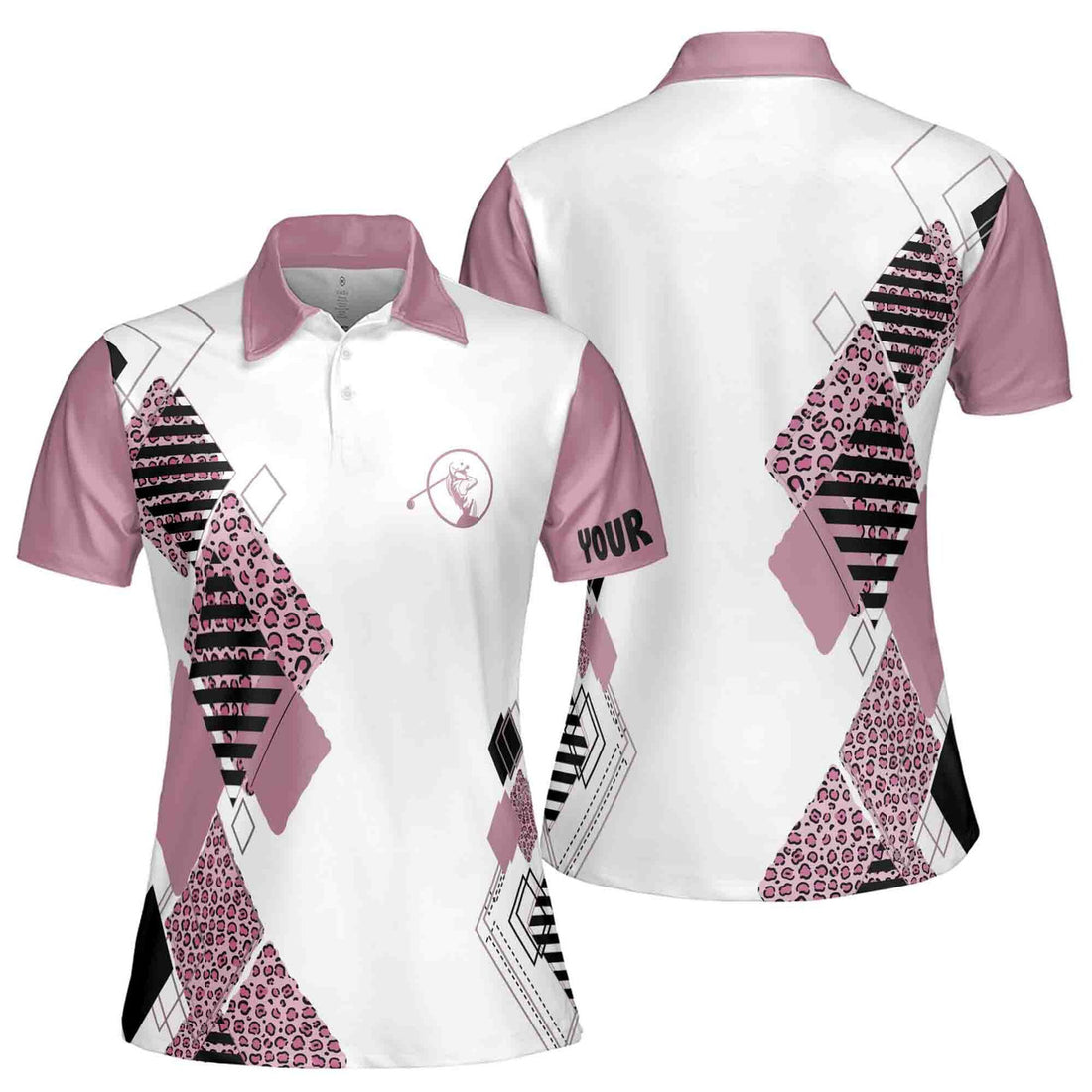 Pink Golf Polo White Shirt Leopard Pattern Custom Name Golf Gift Women's Polo Shirt S-5XL