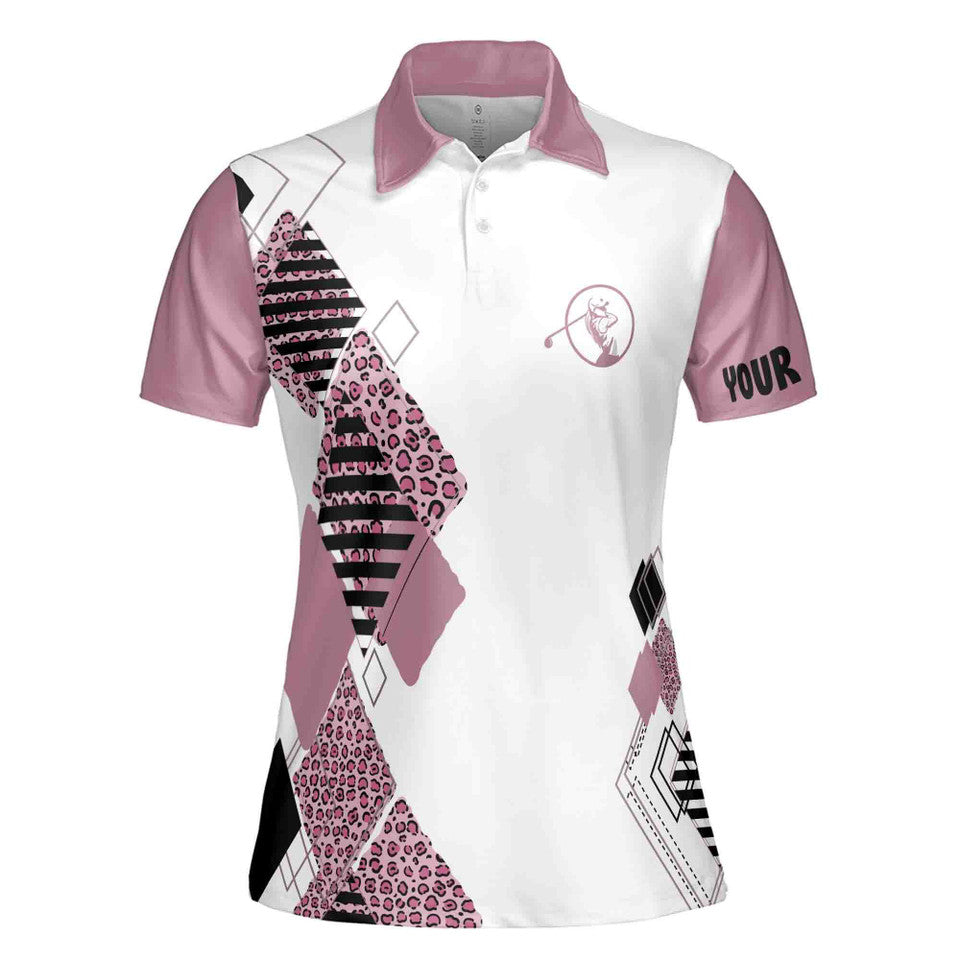 Pink Golf Polo White Shirt Leopard Pattern Custom Name Golf Gift Women's Polo Shirt S-5XL