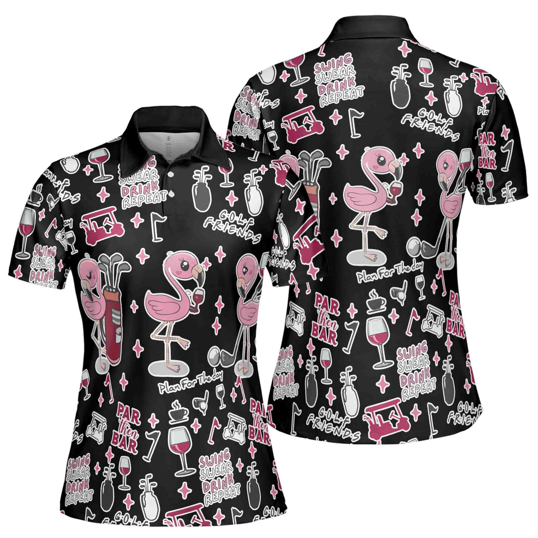 Flamingo Golf And Wine In Black Seamless Funny Women 3D Women's Polo Shirts S-5XL