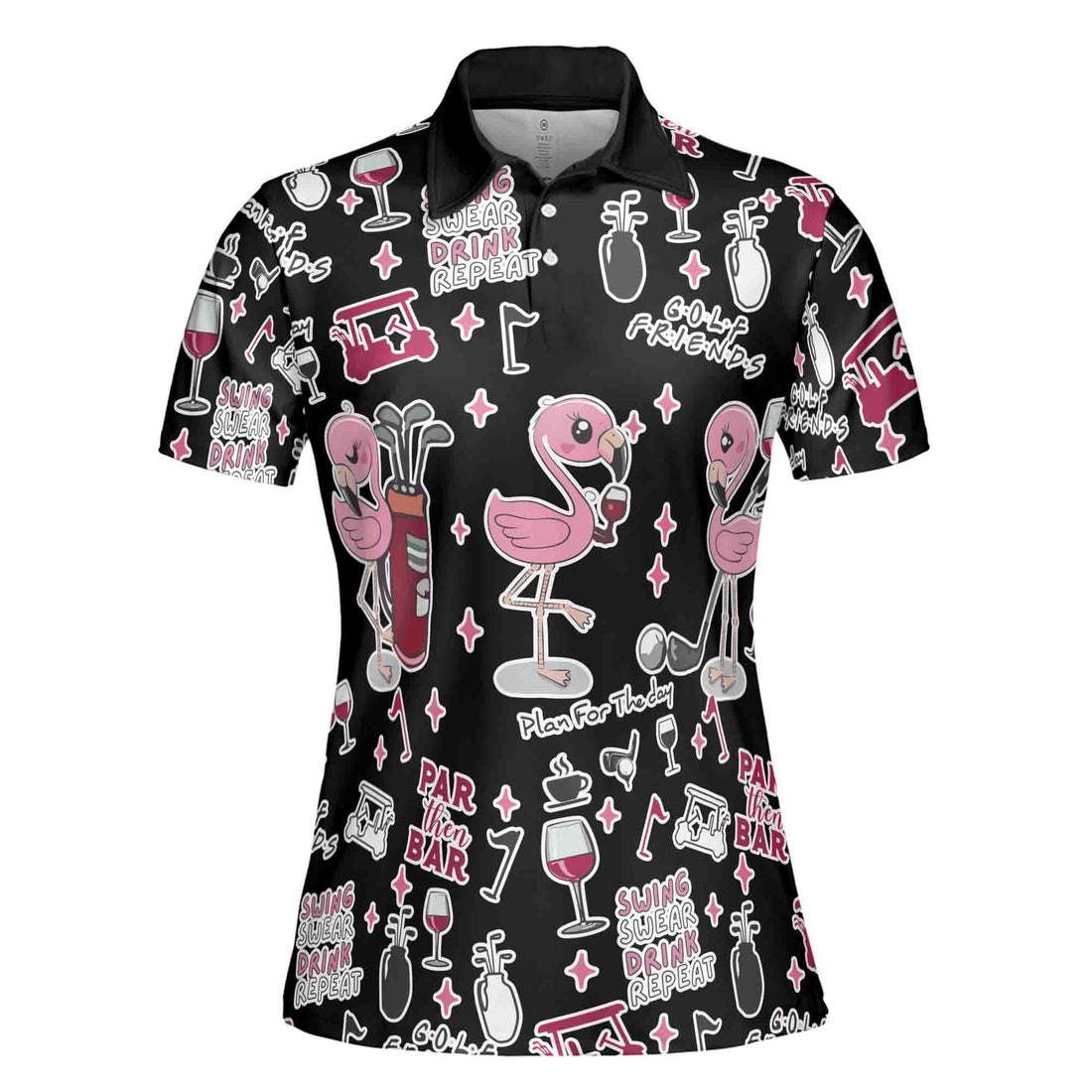 Flamingo Golf And Wine In Black Seamless Funny Women 3D Women's Polo Shirts S-5XL