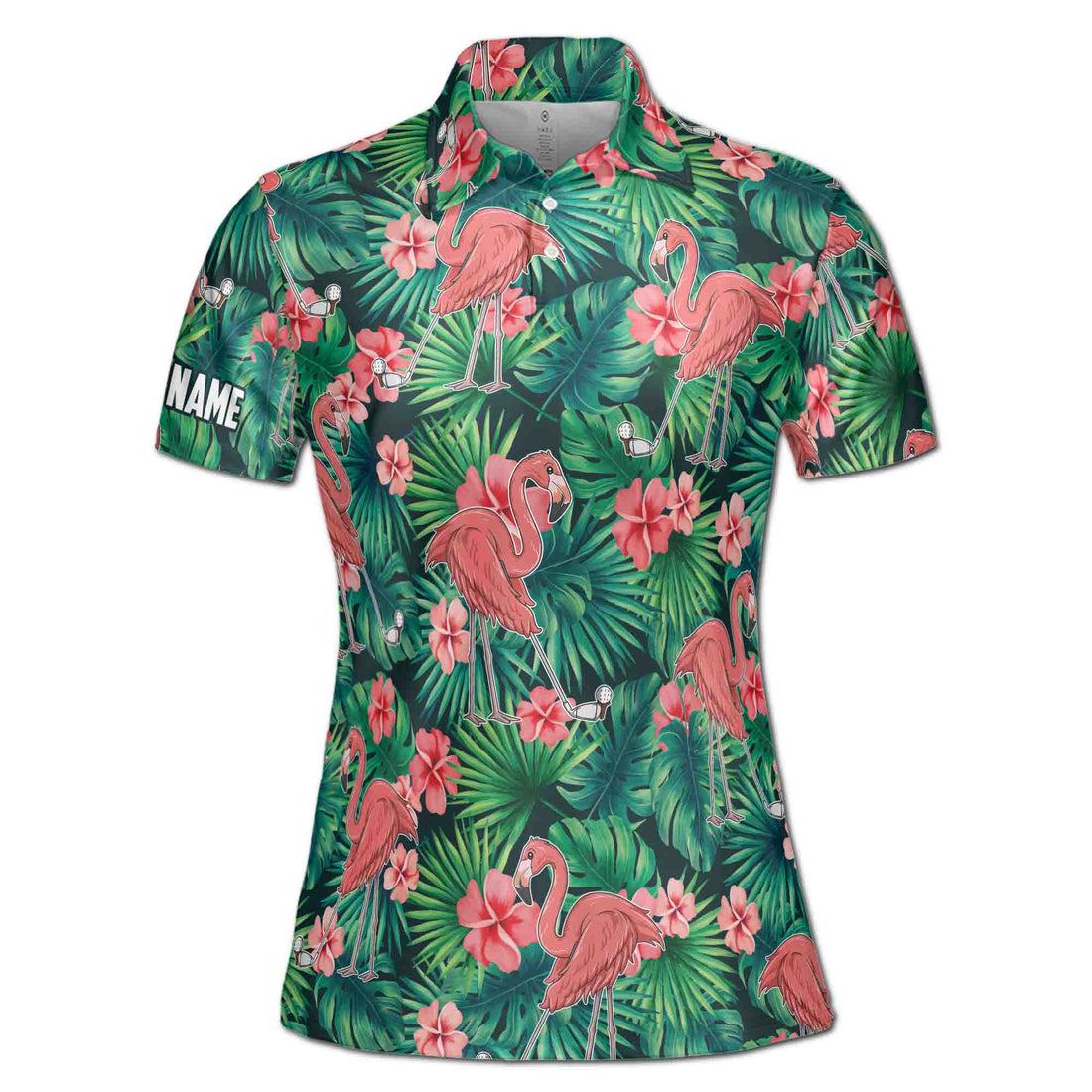 Customize Name Floral Tropical Flamingo Golfing Women's Polo Shirt S-5XL