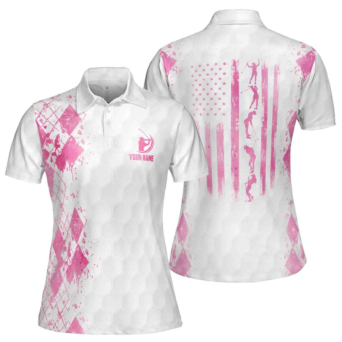 Customize Name American Flag Golf Postures Pink Plaid Women's Polo Shirt S-5XL