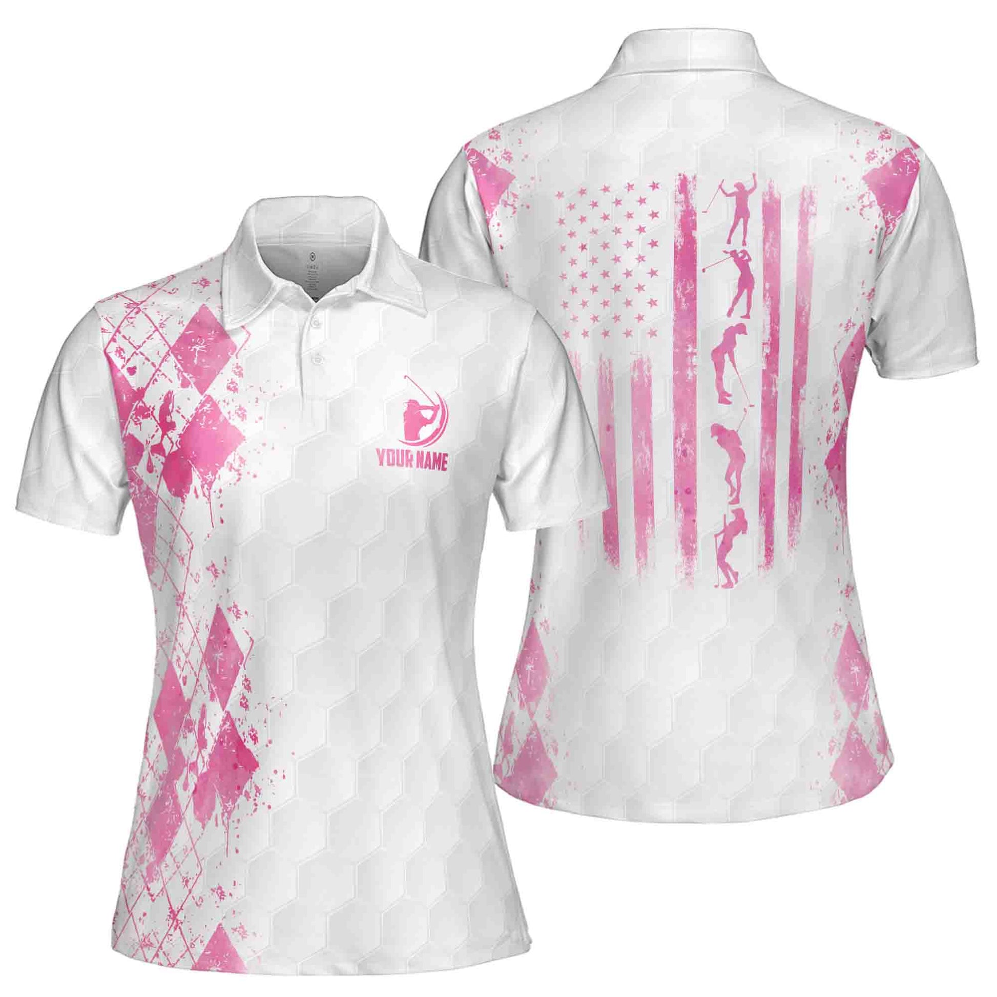 Customize Name American Flag Golf Postures Pink Plaid Women's Polo Shirt S-5XL