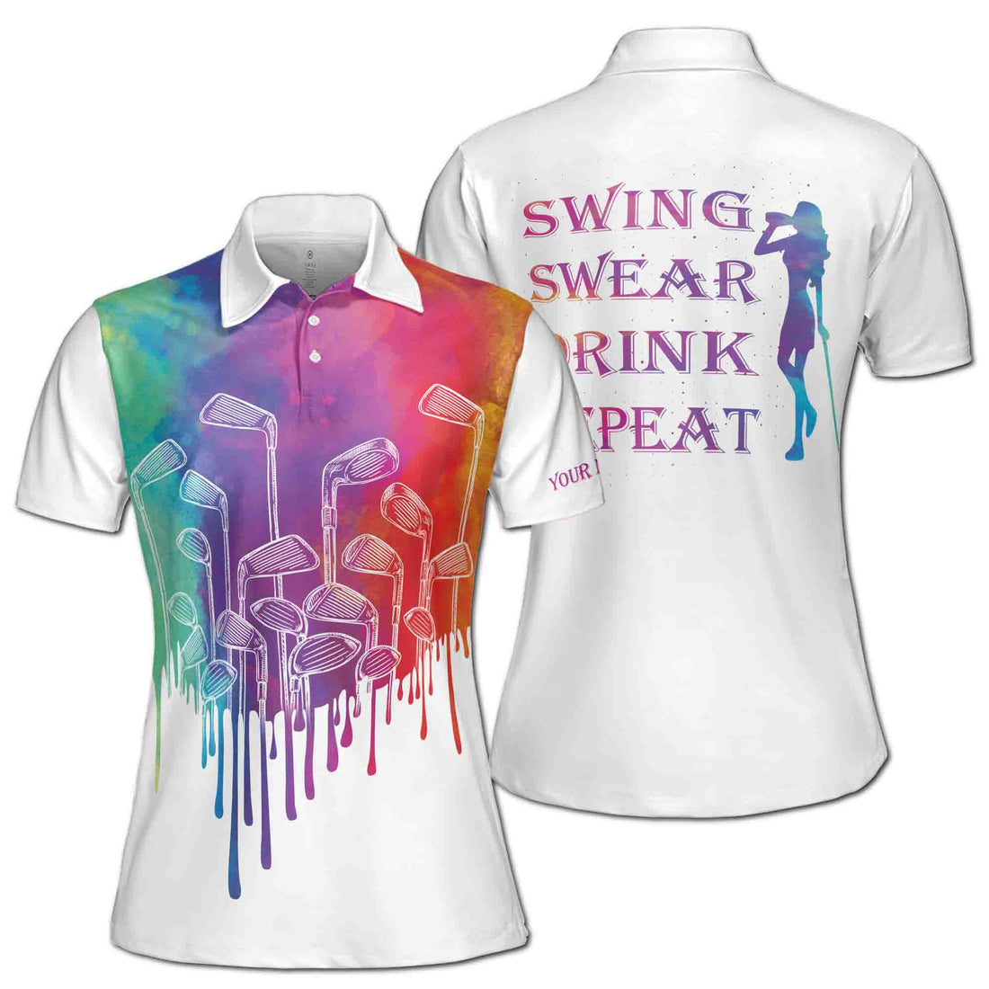 Custom Name Swing Swear Drink Repeat Golf Women's Polo Shirt S-5XL