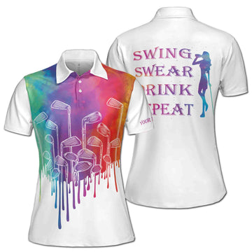 Custom Name Swing Swear Drink Repeat Golf Women's Polo Shirt S-5XL