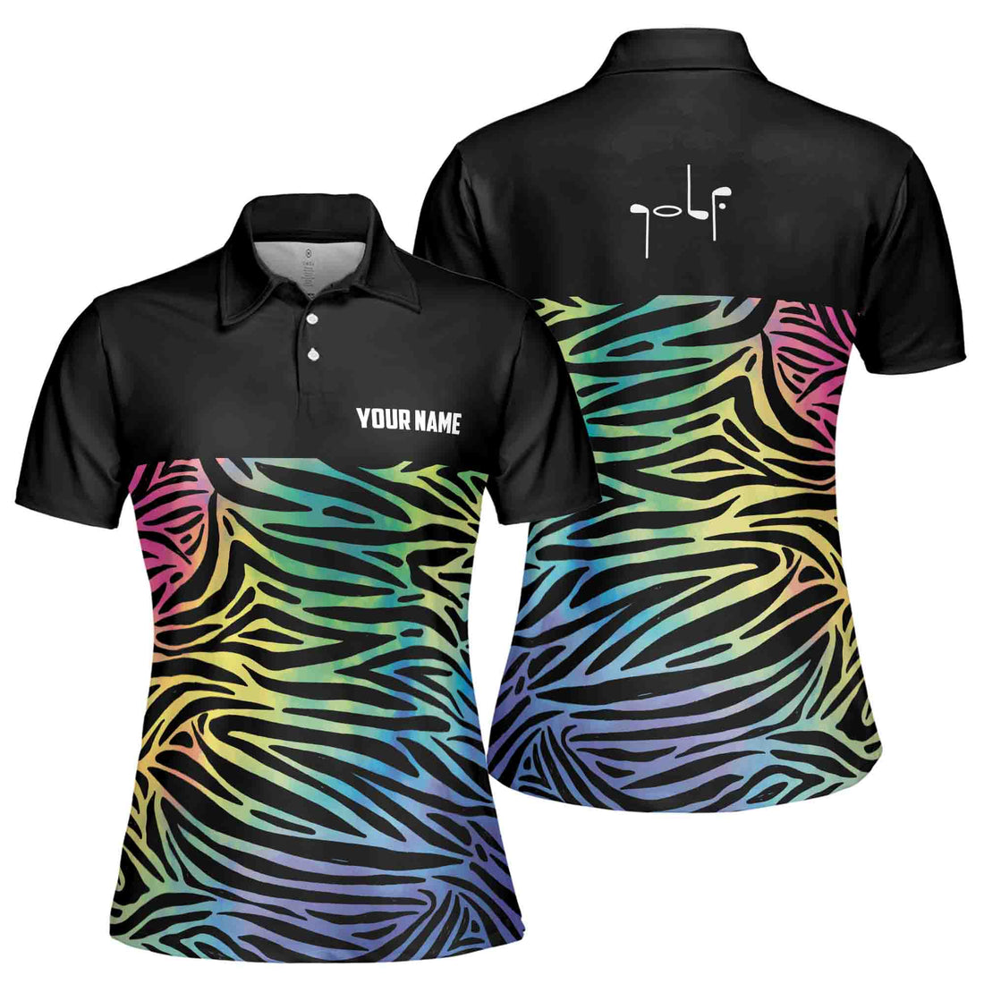 Custom Name Golf Colorful Zebra Patten Golfer Women's Polo Shirt S-5XL