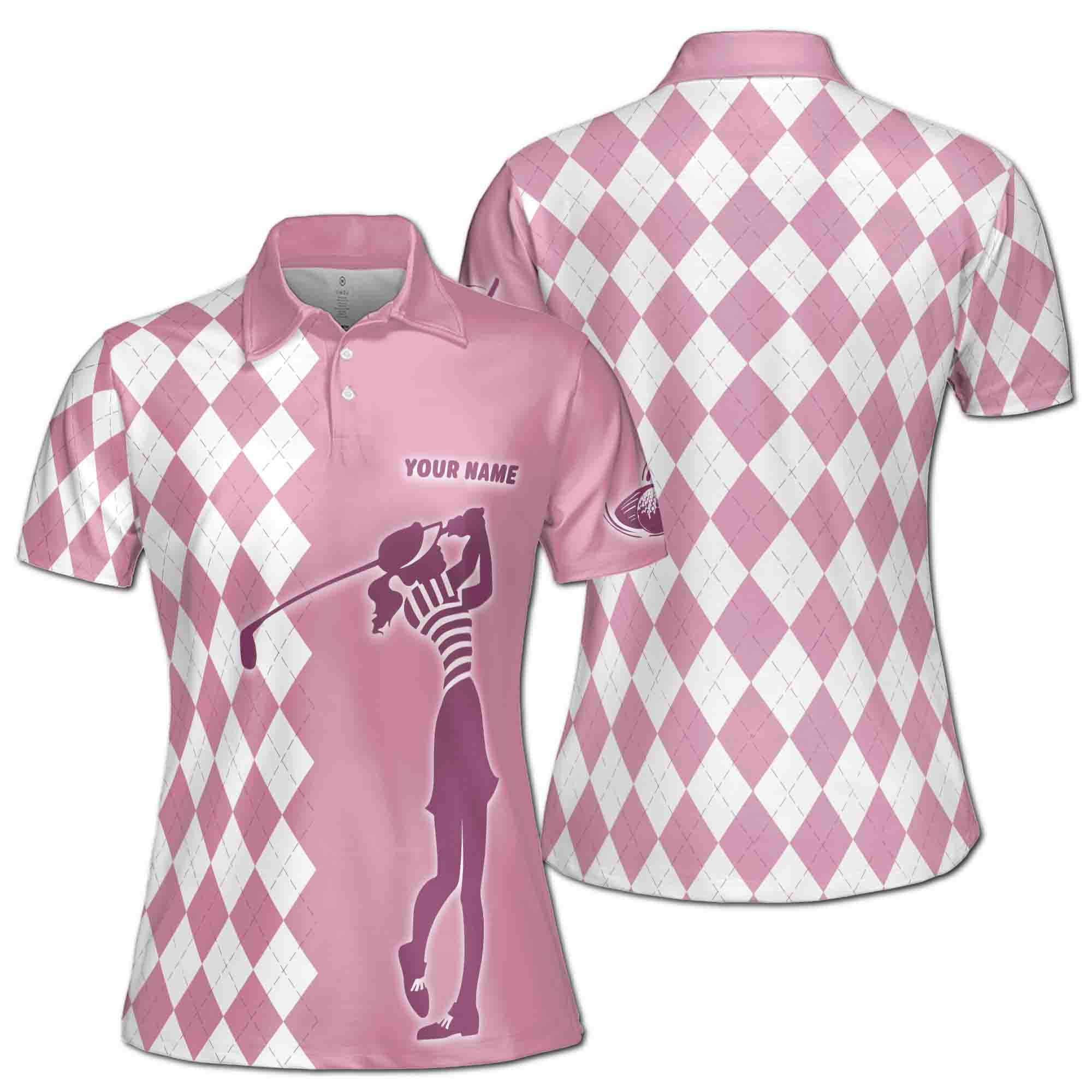 Customize Name Lady Girl Golfing Plaid Pattern Pink Golf Women 3D Polo Shirt Size S-5XL