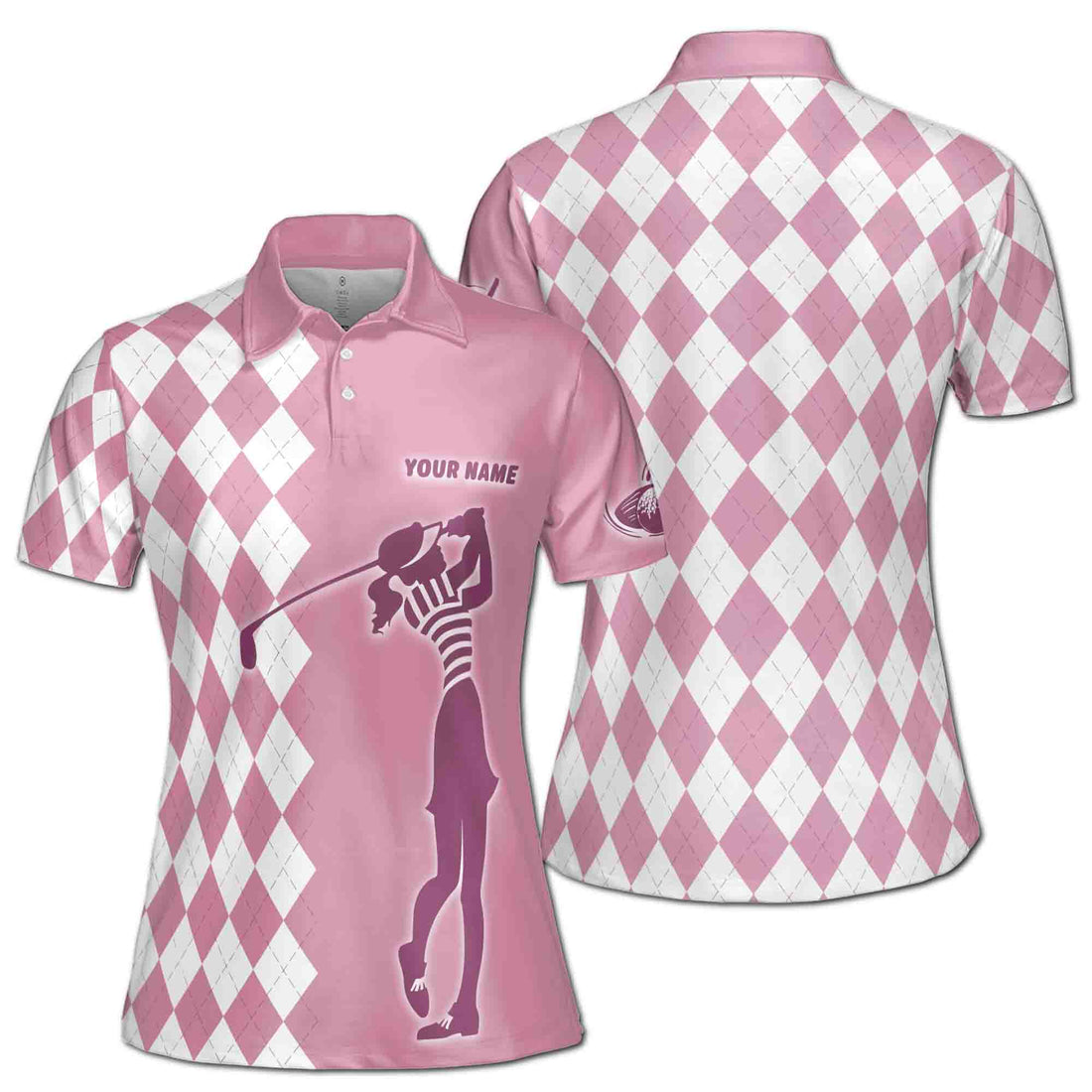 Customize Name Lady Girl Golfing Plaid Pattern Pink Golf Women 3D Polo Shirt Size S-5XL