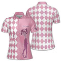 Customize Name Lady Girl Golfing Plaid Pattern Pink Golf Women 3D Polo Shirt Size S-5XL