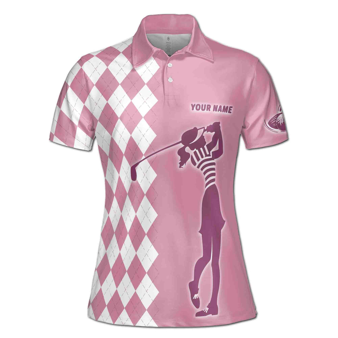 Customize Name Lady Girl Golfing Plaid Pattern Pink Golf Women 3D Polo Shirt Size S-5XL