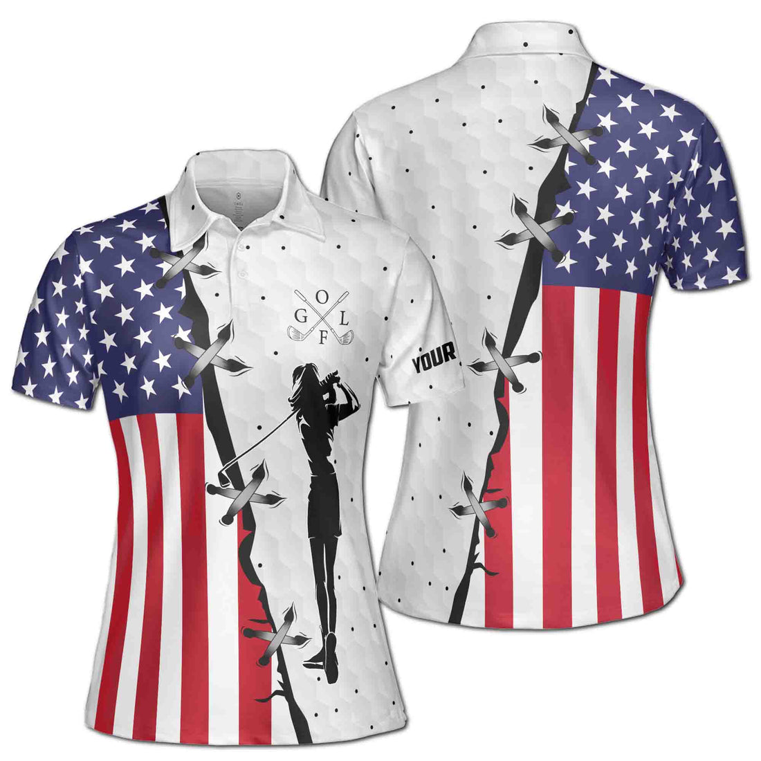 Custom Name American Lady Golfing USA Flag Golf Women's Polo Shirts S-5XL