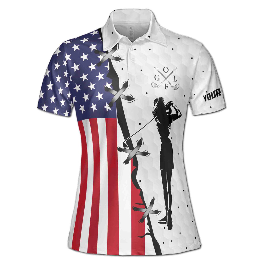 Custom Name American Lady Golfing USA Flag Golf Women's Polo Shirts S-5XL