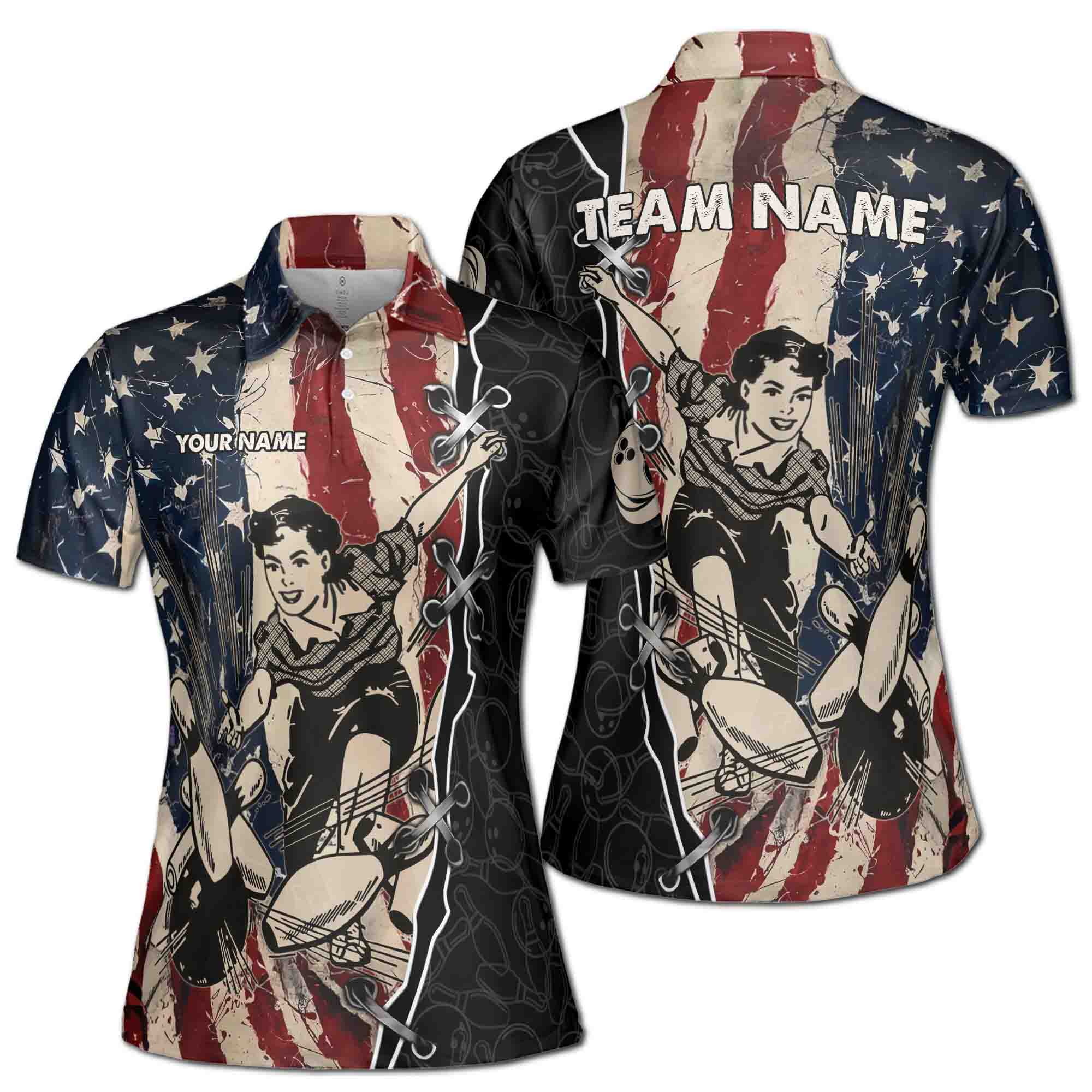 Customize Name Team Name Retro American Lady Bowling Women's Polo Shirt S-5XL
