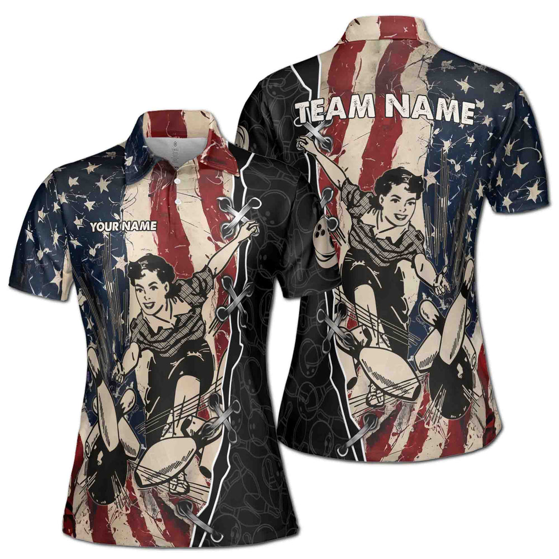 Customize Name Team Name Retro American Lady Bowling Women's Polo Shirt S-5XL