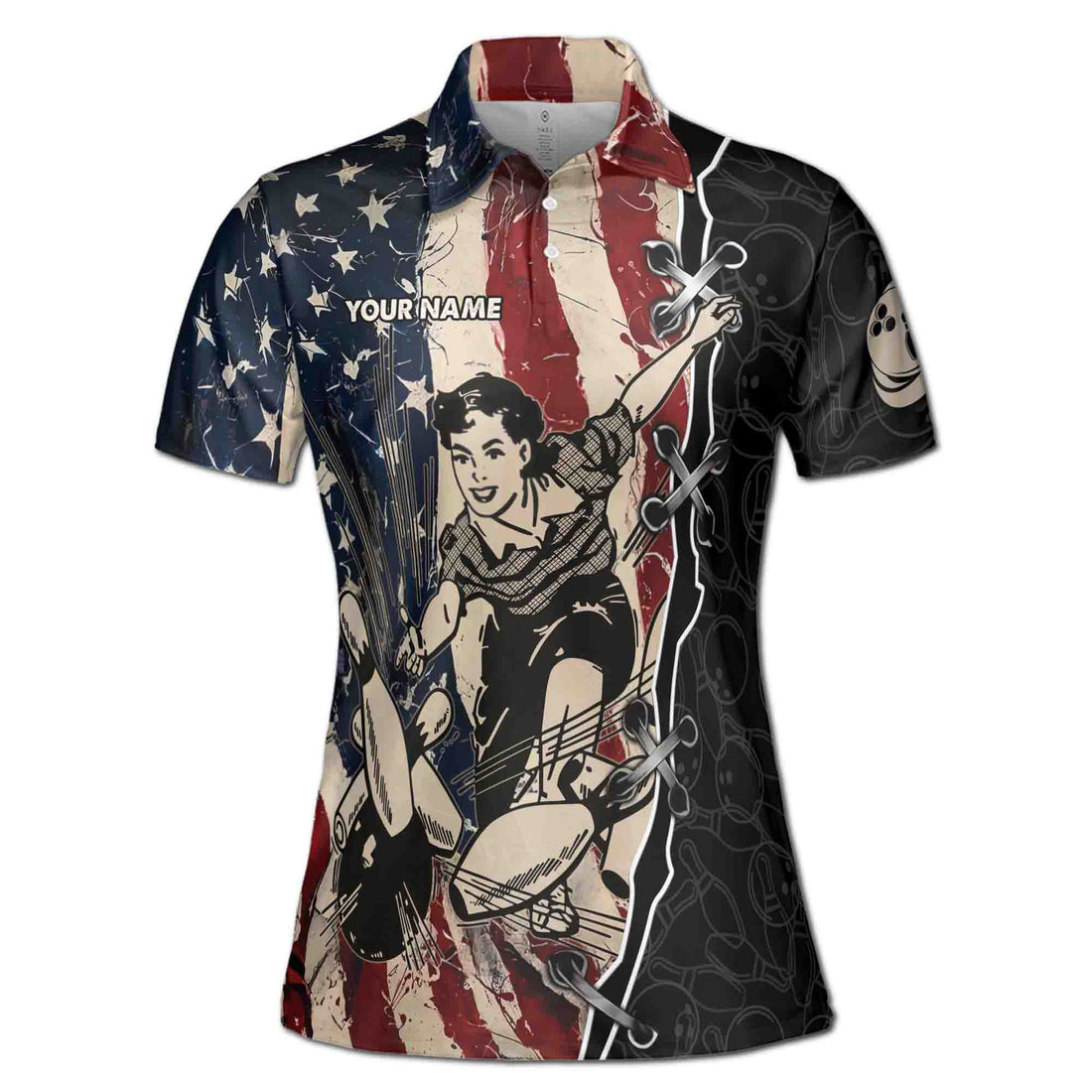 Customize Name Team Name Retro American Lady Bowling Women's Polo Shirt S-5XL