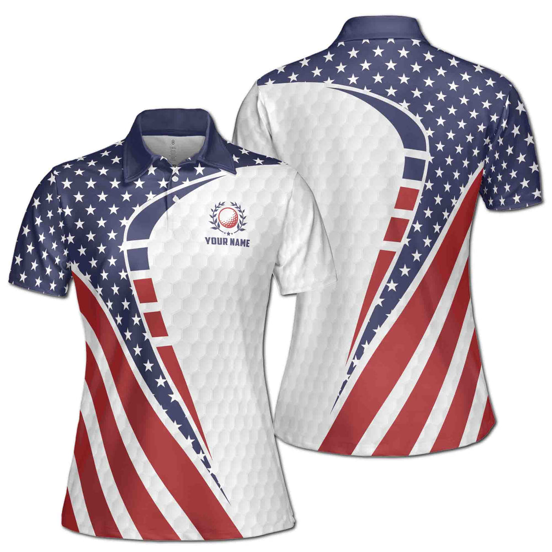 Custom Name Blue Red White America Flag Pattern Golf Women's Polo Shirt S-5XL