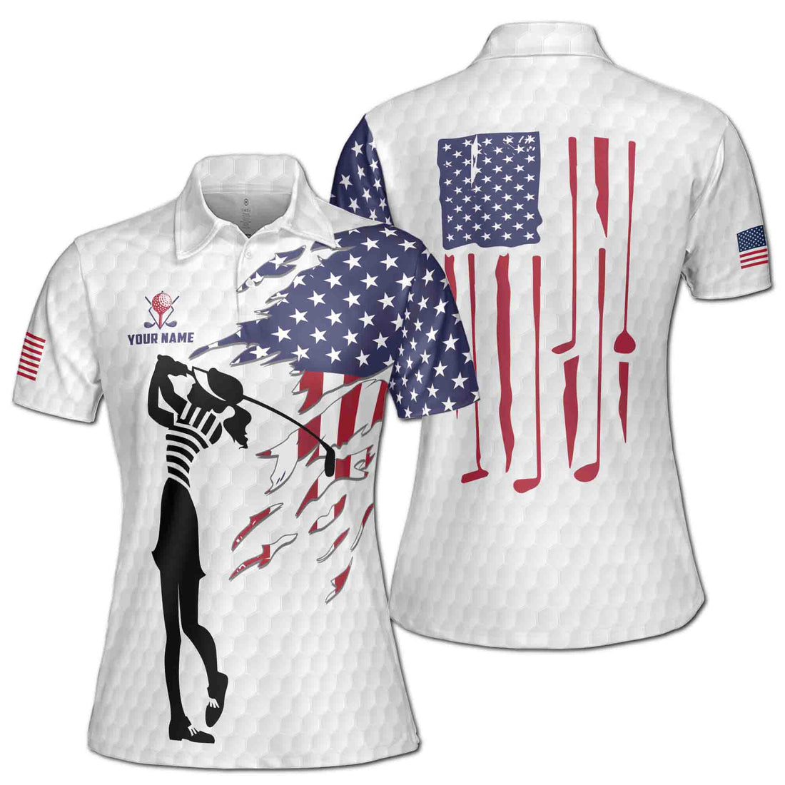 Custom Name Patriotic America Lady Golfer Women's Polo Shirt S-5XL