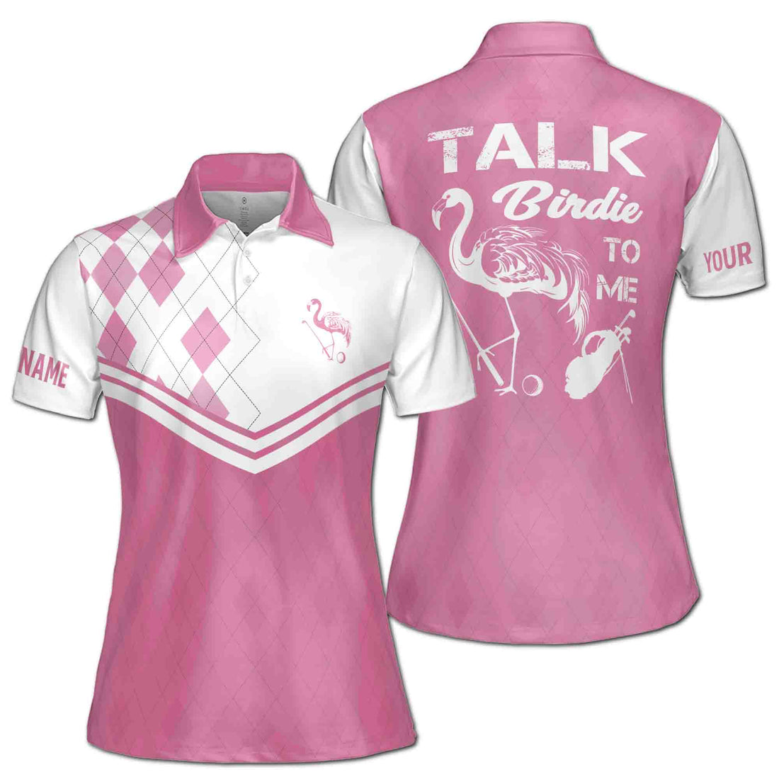 Custom Name Talk Birdie To Me Pink Argyle Women's Polo Shirt S-5XL
