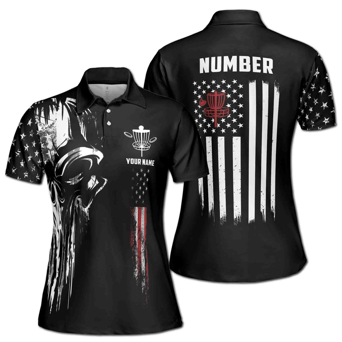 Personalized Dark Skull America Disc Golf USA Flag Women's Polo Shirt S-5XL
