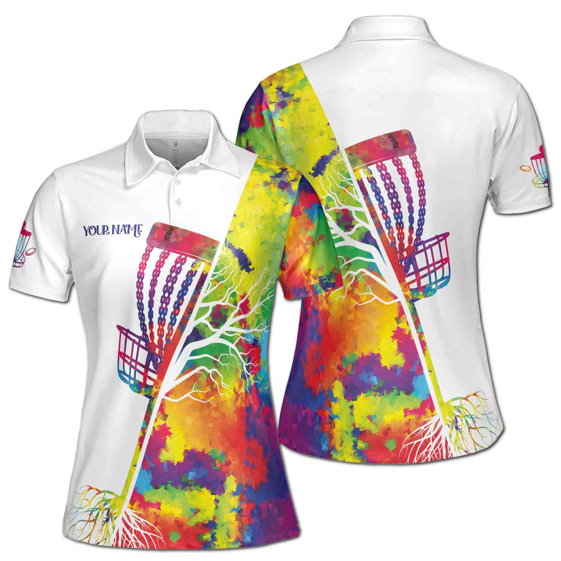 Custom Name Colorful Watercolor Disc Golf Women's Polo Shirt S-5XL
