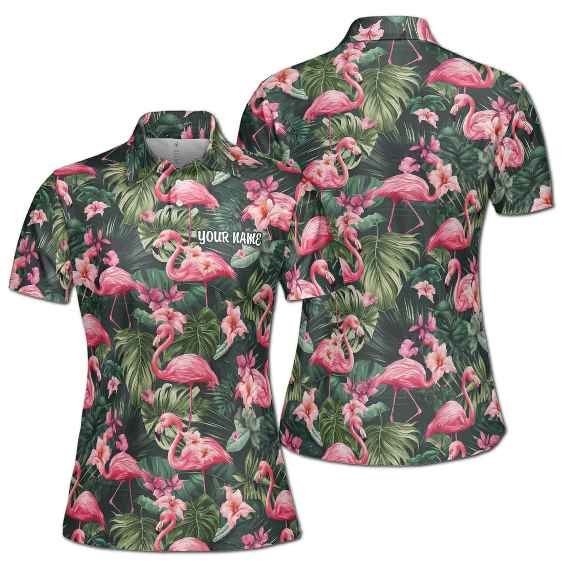 Custom Name Flamingo Palm Tree Tropical Flower Women's Polo Shirt S-5XL