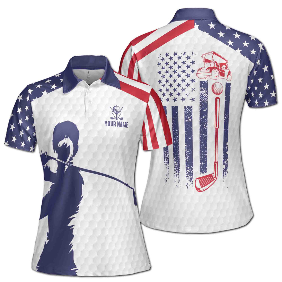 Custom Name Patriotic American Lady Golfer Women's Polo Shirt S-5XL