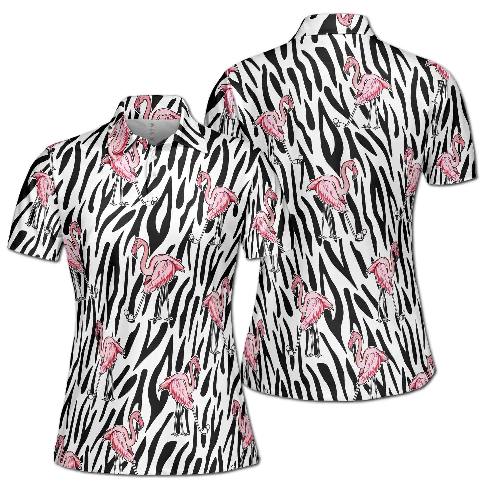 Funny Flamingo Play Golf Zebra Pattern Women's Polo Shirt S-5XL
